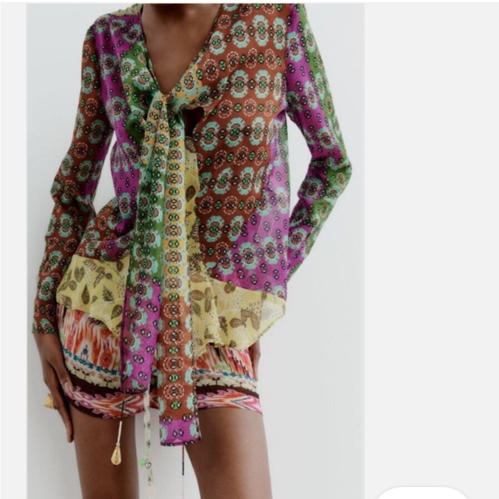 Zara Studio Zodiac Printed Long Sleeve Blouse with Tie Detail beaded accents
